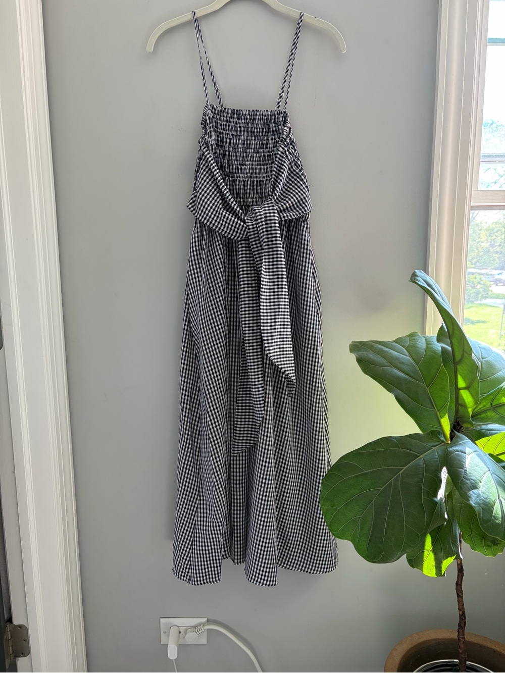 Smocked Gingham Midi Dress with Tie